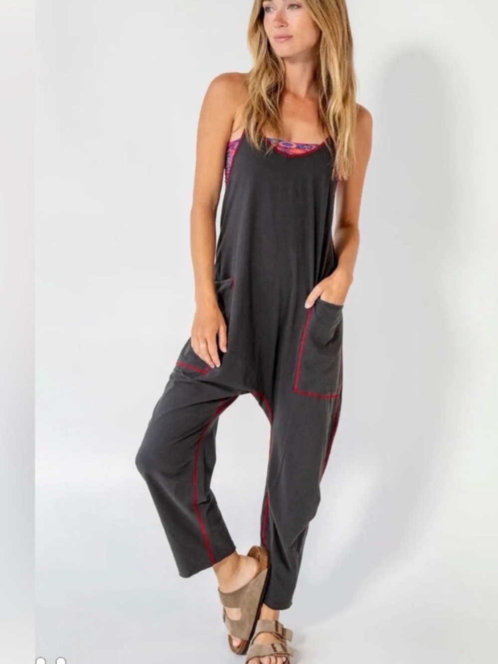 Natural Life Lucy Jumpsuit size XL gray w/ red trim GUC